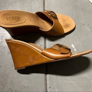 Vintage J. Crew Tan Open Toe Buckle Slip On Leather Wedge Mules Slides Sz 9 EUC